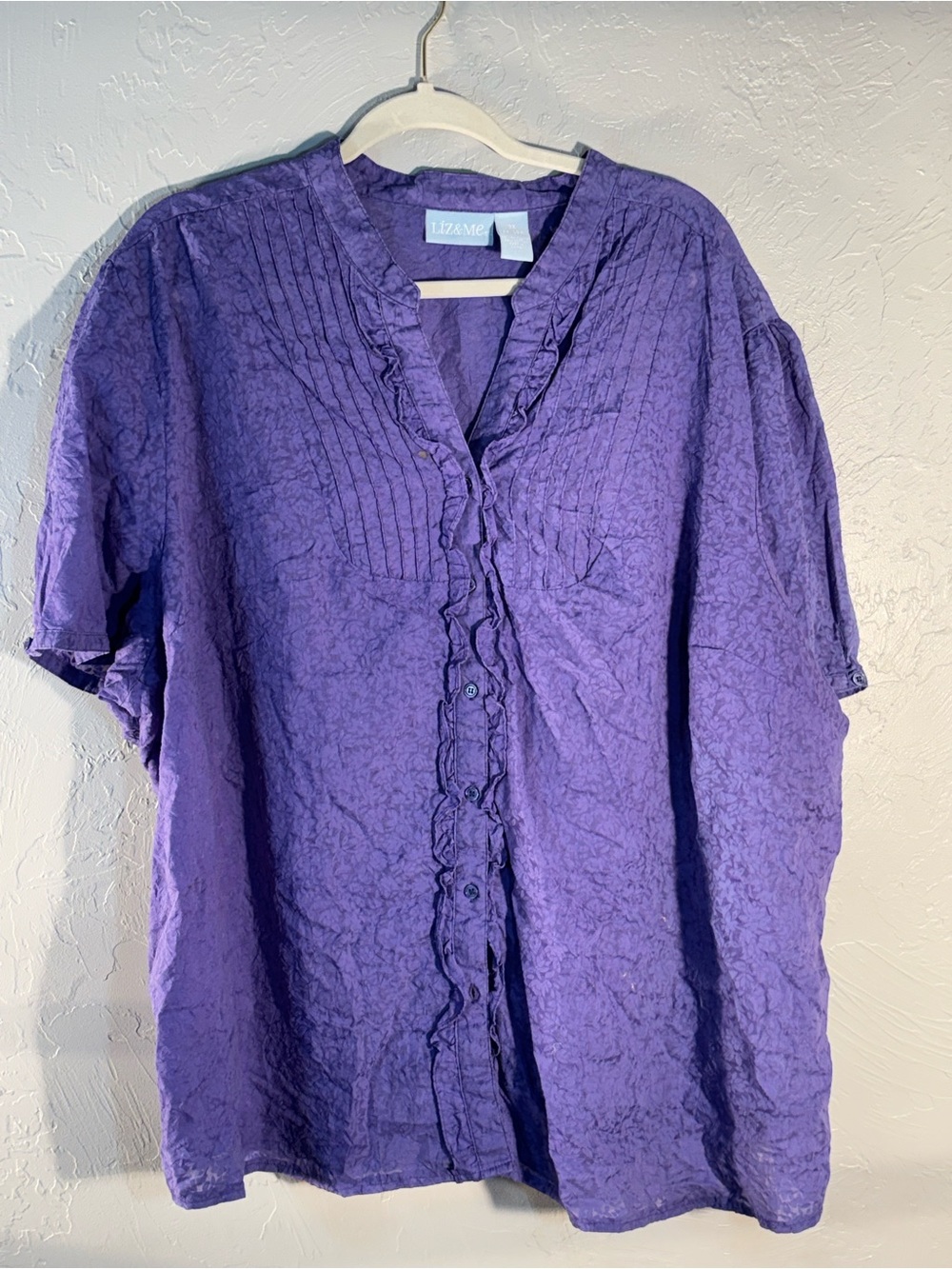 Liz & Me Purple Ruffle Pintuck Button-Down Top